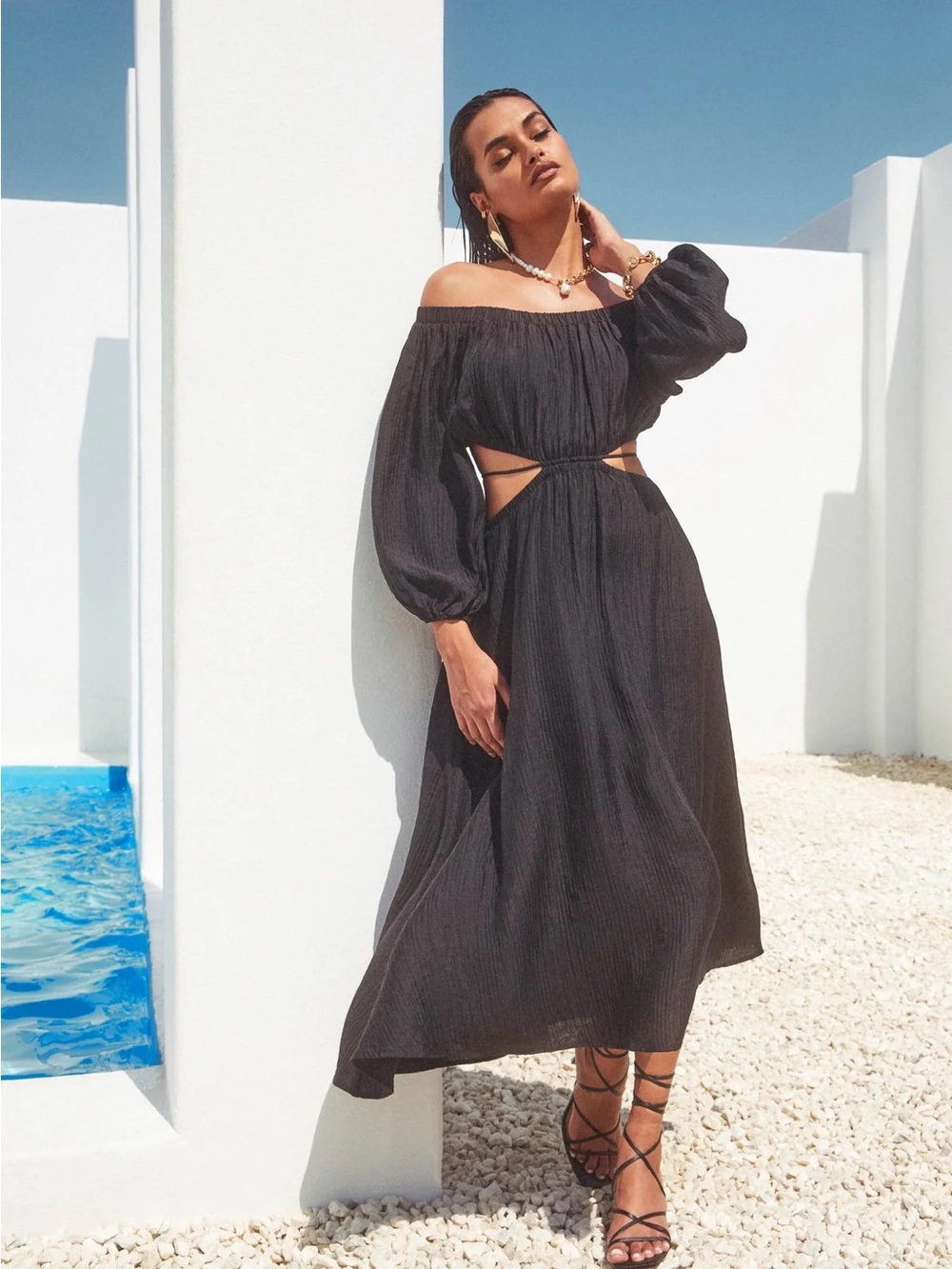 ASTR the Label Black Cassian Long Sleeve Off-The-Shoulder Cutout Midi Dress Size
